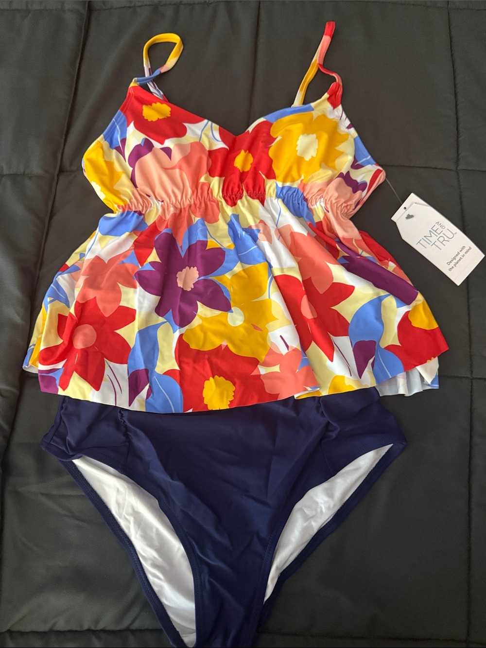 Time and Tru Girls' Multi-Color Floral Tankini with Navy Bottoms